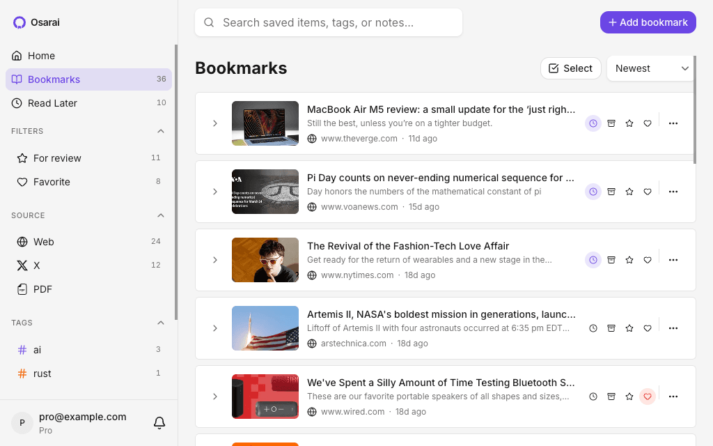 Osaraiのブックマーク一覧画面